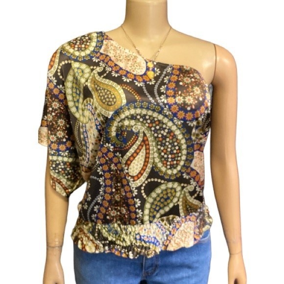 90s Rampage Top One shoulder Satin Paisley print Brown Smocked Waist Size L - Picture 11 of 11
